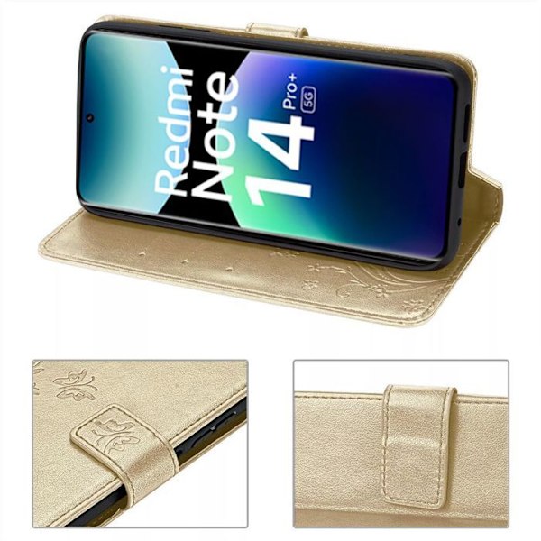 Coque för Xiaomi Redmi Note 14 Pro Plus 5G/Note 14 Pro+ 5G, Antichocksskydd i syntetiskt läder med gyllene fjärilsmönster gyllene