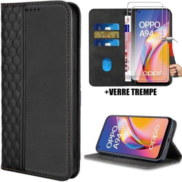 Coque og Tempererede Glas - OPPO - A94 5G - Kradsikker Beskyttelse - Sort Læderlook - Elegant Svart