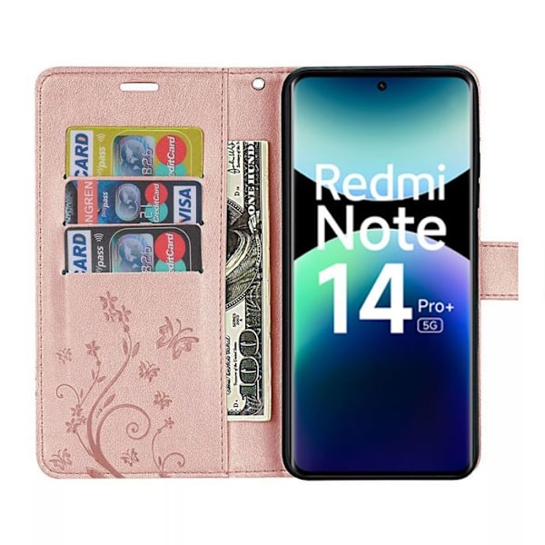Fodral och 2 djupfrysta glas för Xiaomi Redmi Note 14 Pro Plus 5G/Note 14 Pro+ 5G, konstläder med fjäril och rosblommönster Rosa