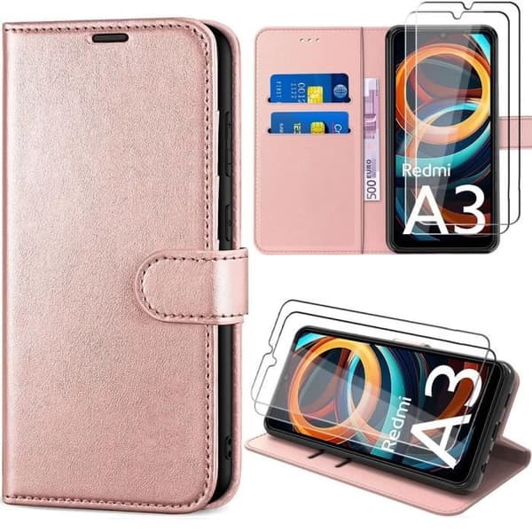 Skyddsskal - E.F.CONNECTION - För Xiaomi Redmi A3 - Rosa - Stöttålig - Kortfack och stativ Rosa