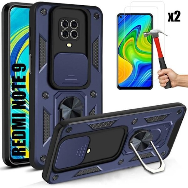 Skyddsskal - E.F.CONNECTION - För Xiaomi Redmi Note 9 - Härdat glas - Mörkblå - Ringstöd marinblå
