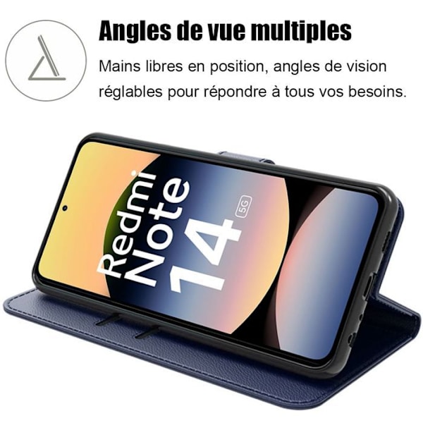 Coque + 2 Härdade Glas för Xiaomi Redmi Note 14 5G (inte för 4G) Rep-resistent Lädereffekt Blå Marin marinblå