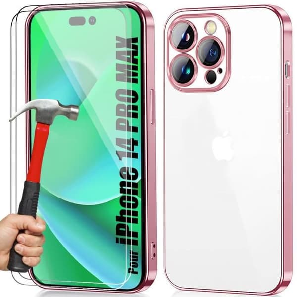 Skyddsskal - Rosa - för iPhone 14 Pro Max - Mjuk TPU - Kromat ram - 2 härdade glas Rosa