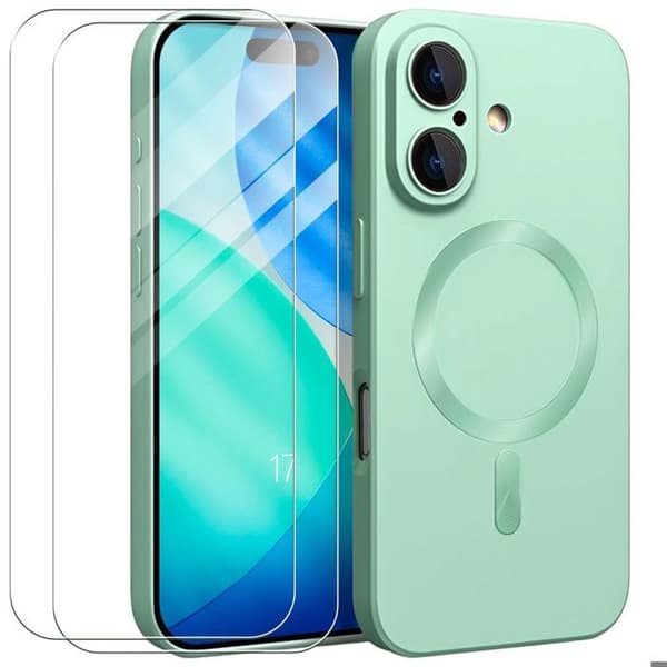 Skyddsskal - E.F.Connection - för iPhone 17 - med Grön Magnetring - 2 Härdat Glas Grön