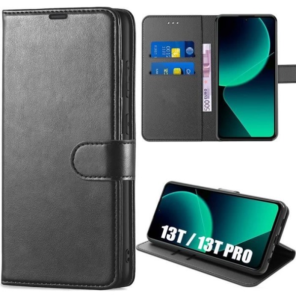 Cover til Xiaomi 13T - Xiaomi - 13T Pro - Sort PU-læder - Stødabsorberende - Kortholder Svart