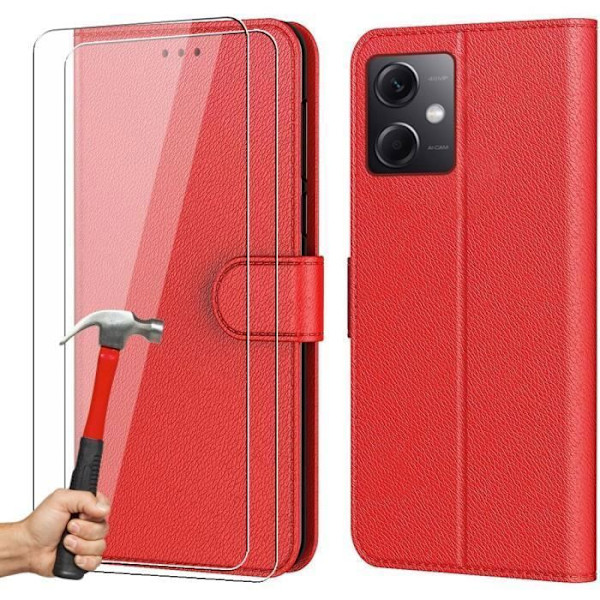 Skyddande skal - E.F.CONNECTION - för Redmi Note 12 - Röd - Läderlook - Magnetisk stängning - 2 Härdat glas Röd