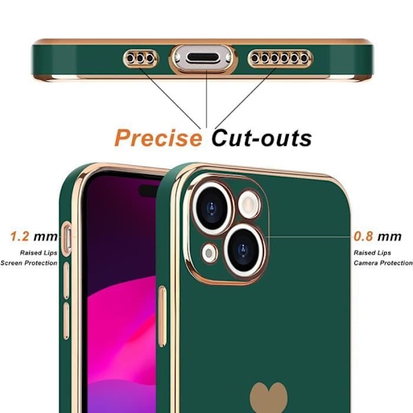 TPU-fodral för iPhone 15 Plus Midnight Green Heart Mönster + 2 skyddande härdade glasögon