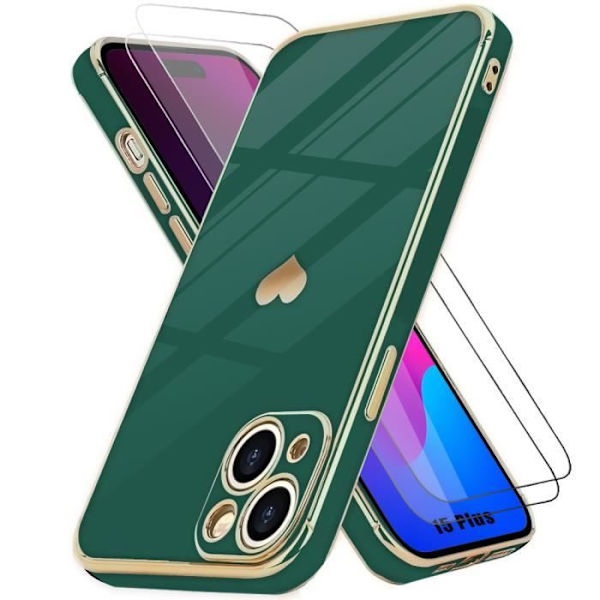 TPU-fodral för iPhone 15 Plus Midnight Green Heart Mönster + 2 skyddande härdade glasögon