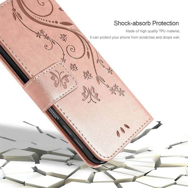 Cover og 2 Dypede Glas til Xiaomi Redmi 14C, Beskyttelse Klap Stødabsorberende Syntetisk Læder Rosa Sommerfuglblomst Mønster Rosa