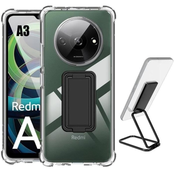 Fodral för Xiaomi Redmi A3, stötsäker Ultra Transparent silikon TPU med svart metall vikbar fyrkantig ring