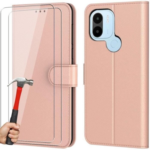 Etui til Redmi A1+/A2+ (A1 Plus/A2 Plus) + 2 hærdede briller, lyserødt PU-læderbeskyttelse Magnetisk lukning Rosa