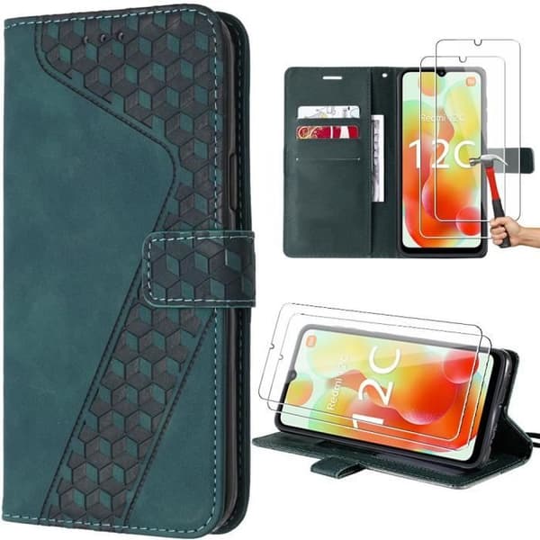 Coque - E.F.Connection - för Redmi 12C-11A - Hölster i PU-läder - 2 härdade glas - Multi-position stöd Grön
