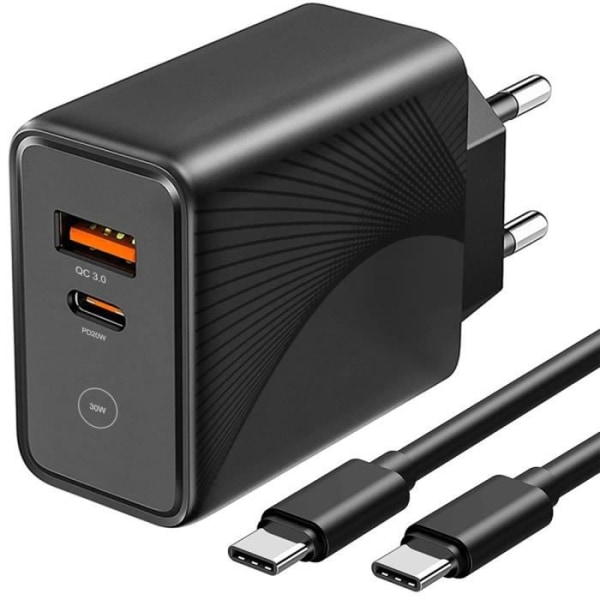 30W 2-ports snabb väggladdare med 1M USB-C-kabel för Google Pixel 7 - 7 Pro - 6 - 6 Pro - 6A - Svart