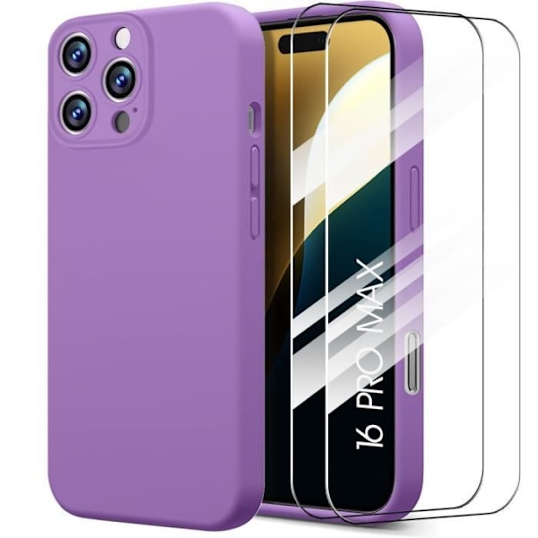 Fodral + 2 härdade glasögon för iPhone 16 Pro Max - Smal silikonskydd Stötsäker Anti-Rep Lila