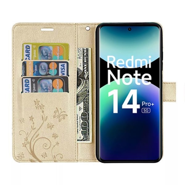 Coque för Xiaomi Redmi Note 14 Pro Plus 5G/Note 14 Pro+ 5G, Antichocksskydd i syntetiskt läder med gyllene fjärilsmönster gyllene