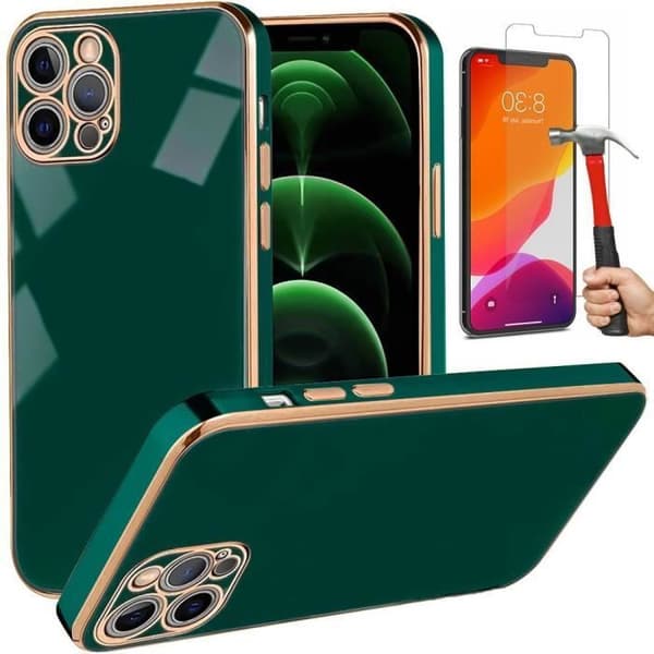 Skyddande skal - E.F.CONNECTION - för iPhone 12 Pro Max - Mjuk - Stötsäker - 2 Härdade Glas Midnattsgrönt