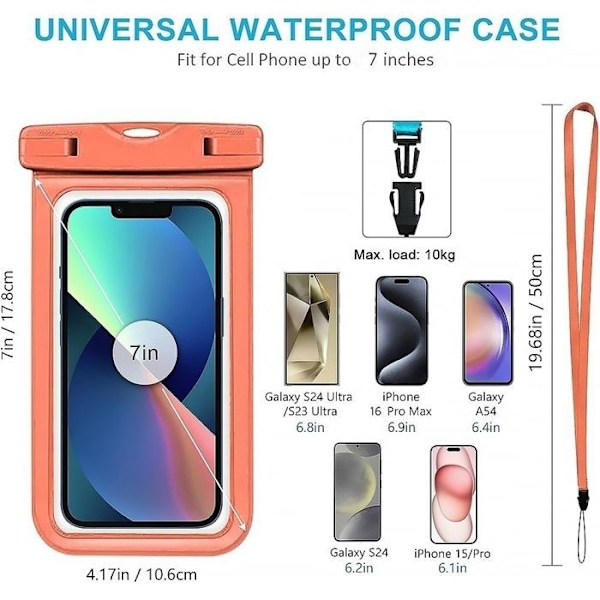 Vandtæt taske til Samsung Galaxy S25 S25+ S25 Edge S24+ S24 FE S24 Ultra S23 S22 S21 S20 S10, IPX8 beskyttelse - Orange Orange