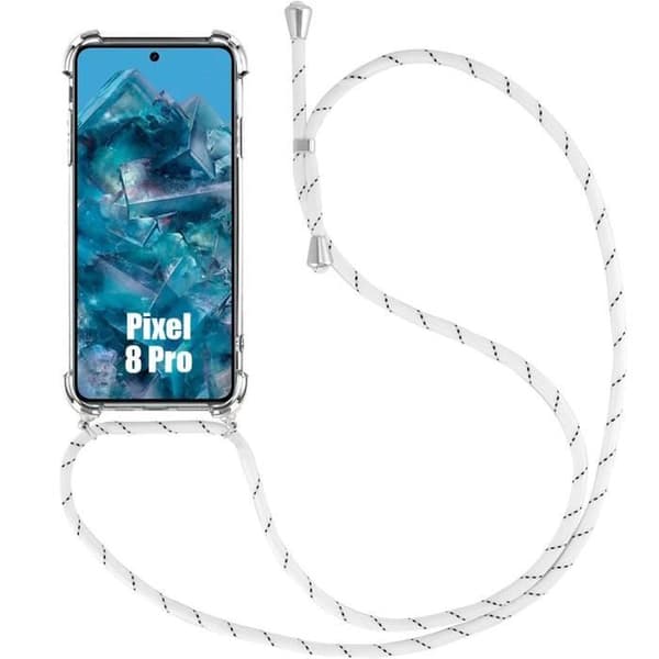 Skyddsskal - E.F.CONNECTION - Google Pixel 8 Pro - Flexibelt - Inkluderad axelrem - Förstärkta hörn Transparent, vit
