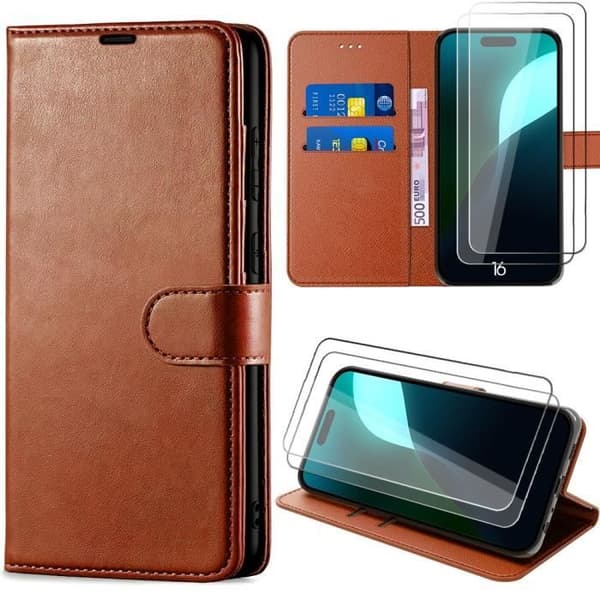 Coque - E.F.CONNECTION - för iPhone 16 - Lädereffekt - Förstärkt skydd - Visningsstöd kastanj