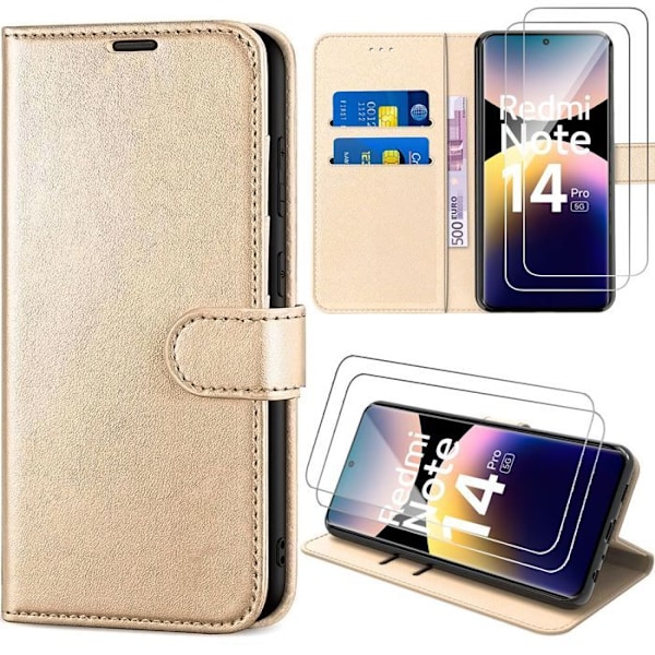 Cover og 2 Tåget Glas til Xiaomi Redmi Note 14 Pro 5G (ikke til 4G) Kradsik Syntetisk Læder Guld gyllene
