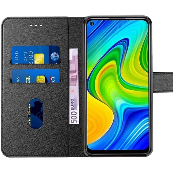 Coque - E.F.CONNECTION - för Redmi Note 9 - Härdat glas ingår - Svart lädereffekt - Magnetisk stängning Svart