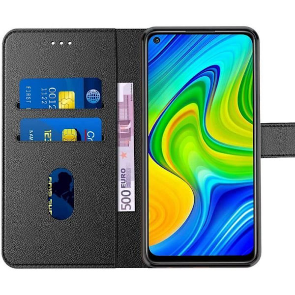 Fodral för Redmi Note 9 (6,53") Härdat glas ingår Svart lädereffekt Trendig design Magnetstängning Förstärkt kant Svart