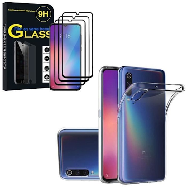 Til Xiaomi Mi 9- Mi9 6.39": UltraSlim gel silikone etui - TRANSPARENT + 3x farvede hærdet glasfilm - SORT