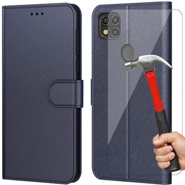 Set med 2 härdade glasögon + fodral för Redmi 9C (6,53") Marinblå 360-graders skydd Anti-Shock Anti-Scratch Lädereffekt marinblå