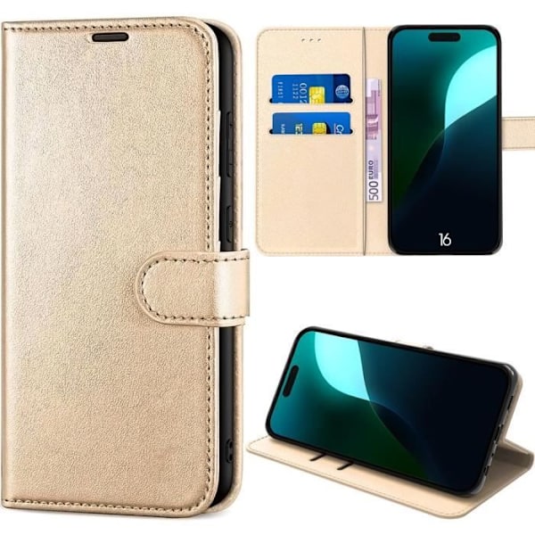 Coque til iPhone 16 - Stødabsorberende - Guldsyntetisk Læder - Foldbar - Indbygget Kortholder gyllene