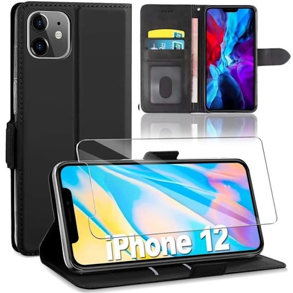 Flip Case Cover - E.F.CONNECTION - iPhone 12 Pro Max - Härdat glas - 360° skydd - Svart Svart