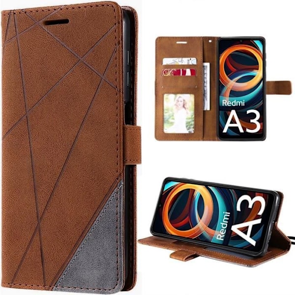Coque för Xiaomi Redmi A3 - MÄRKE - Retro Lädereffekt - Kortfack - Stativ - Stötabsorberande Skydd kastanj