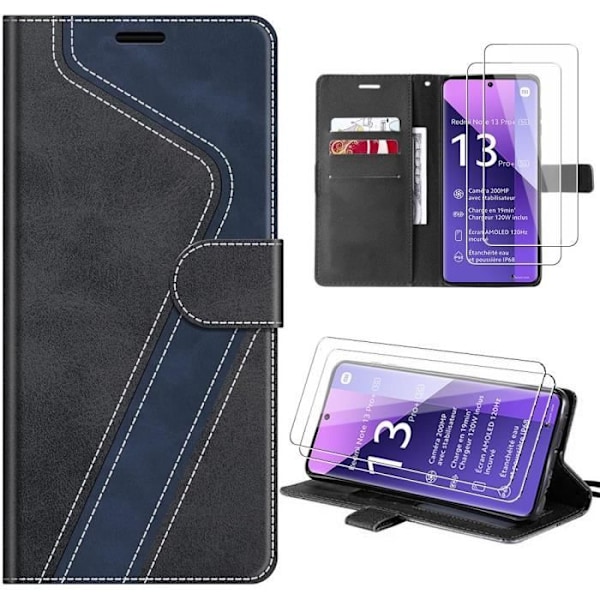 Coque og Tempererede Glas - Xiaomi - Redmi Note 13 Pro+ 5G - Sort - Læder Effekt - Blød Svart/marinblå