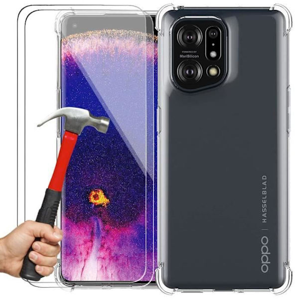 Paketui til OPPO Find X5 og 2 hærdede briller, beskyttelse 4 silikoneforstærkede hjørner