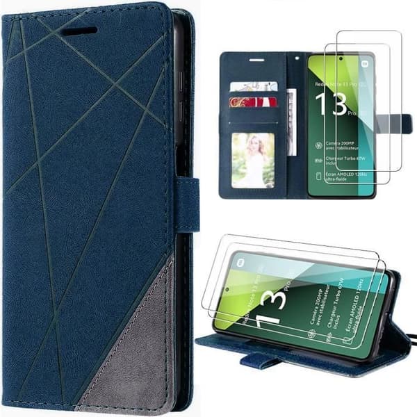 Coque - E.F.CONNECTION - För Xiaomi Redmi Note 13 Pro 5G - Mörkblå Retro - Justerbar Stativ - 2 Härdade Glas marinblå