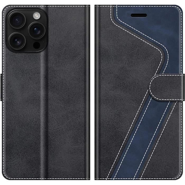 Cover til iPhone 16 Pro, Blød stødsikker beskyttelse PU-læder - Sort - Marineblå