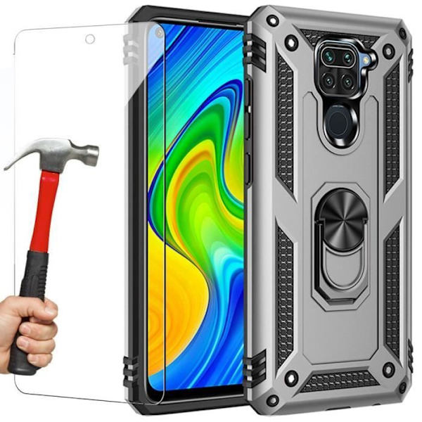 Skyddsskal - Redmi - Note 9 - Härdat glas - Stödring - Silverfärgad Silver