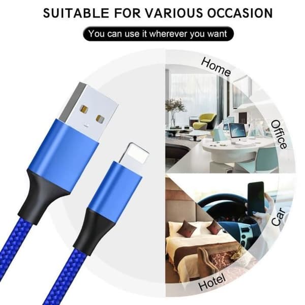 USB-kabel 1M Snabbladdning 3A för iPhone 14 Pro Max, 14 Plus, 13 Pro Max, 12 11 XR XS - Blått Nylonflätat Blå