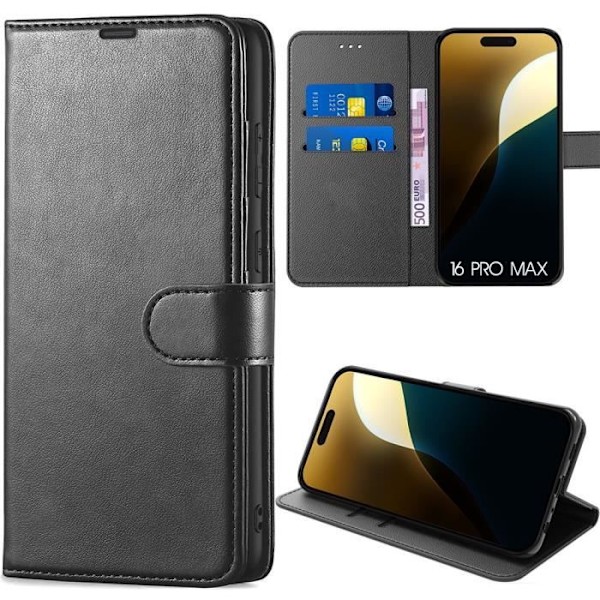 Fodral för iPhone 16 Pro Max, repskydd Stötsäkert lädereffekt Flikskydd - Svart