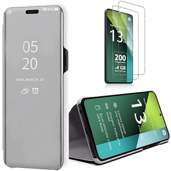 Fodral + 2 härdade glasögon till Xiaomi Redmi Note 13 Pro 5G (ej för 4G), Smart Flip-skydd 360° stötsäkert, spegeleffekt, silver