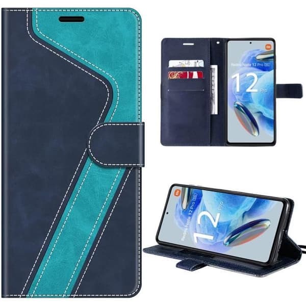 Fodral för Xiaomi Redmi Note 12 Pro 5G - PU Läder - Kortfack - Justerbart Stöd - Blå Marinblå och ljusblå