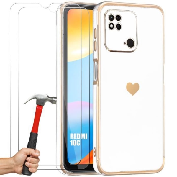 Etui til Xiaomi Redmi 10C White Heart Pattern Anti-Scratch Soft TPU + 2 hærdede briller
