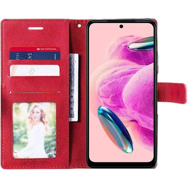 Coque - E.F.Connection - Redmi Note 12S - Retro Læder Etui - 2 Hærdede Glas - Rød Röd