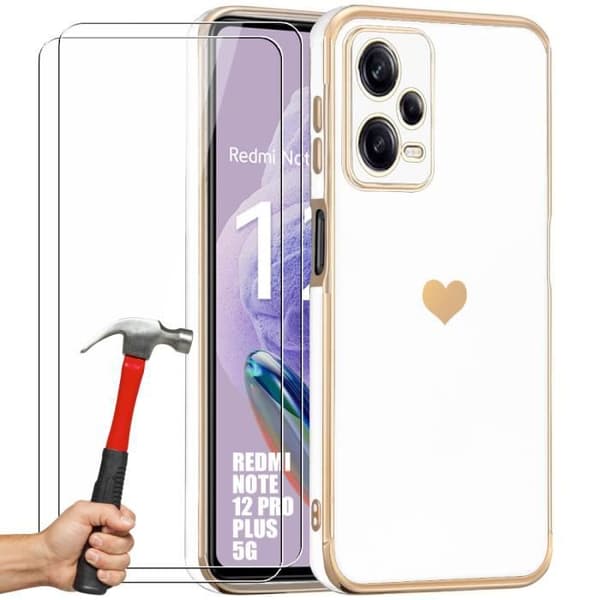 Coque - E.F.CONNECTION - För Xiaomi Redmi Note 12 Pro Plus 5G - Stötresistent - Hjärta Kärlek Mönster - 2 Härdade Glas Vit