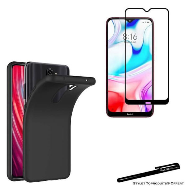 Hærdet glas til Xiaomi Redmi 8 sorte kanter og blød beskyttelsesskal Sort med Stylus Toproduits®