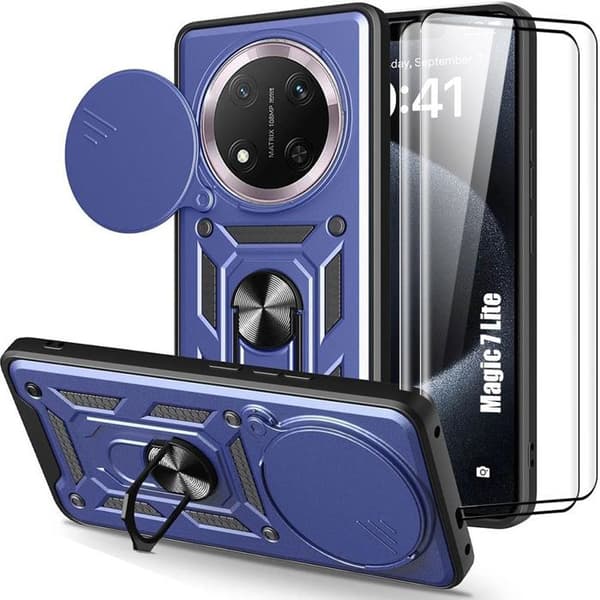 Coque + 2 Härdat Glas för Honor Magic 7 Lite, Skydd med Ring och Kameraskydd - Mörkblå marinblå
