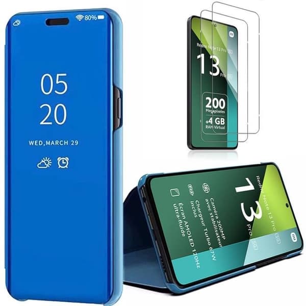 Coque - E.F.Connection - för Xiaomi Redmi Note 13 Pro 5G - 360° Stötsäker - Spegeleffekt - Blå - med 2 Härdat Glas Blå