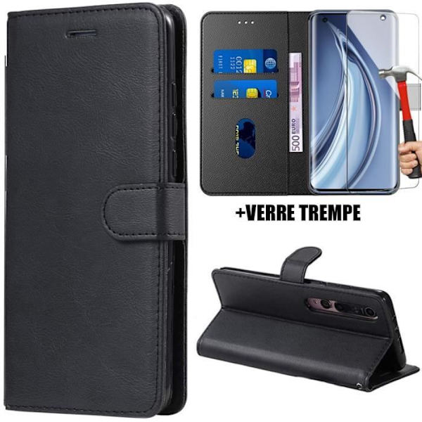 Etui til Xiaomi Mi10 (6,67") Pakke med 2 Hærdet glas, sort tegnebog Anti-ridse stabil Elegant sort Svart
