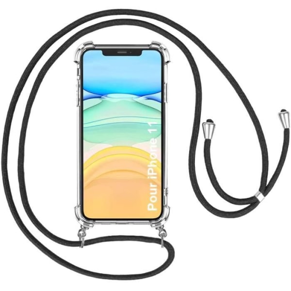 Halskæde lanyard cover til iPhone 11 (6.1") TPU beskyttelse forstærkede anti-ridse hjørner med sort lanyard Transparent-svart