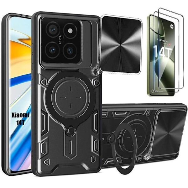 2 härdade glasögon + fodral för Xiaomi 14T, svart anti-scratch-förstärkt kameraskydd