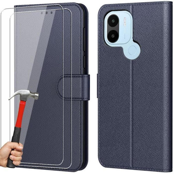 Coque Porte-Kort för Redmi A1+/A2+ (A1 Plus/A2 Plus) - E.F.CONNECTION - Mörkblå - Semi-rigid - Läderlook - 2 härdade glas marinblå